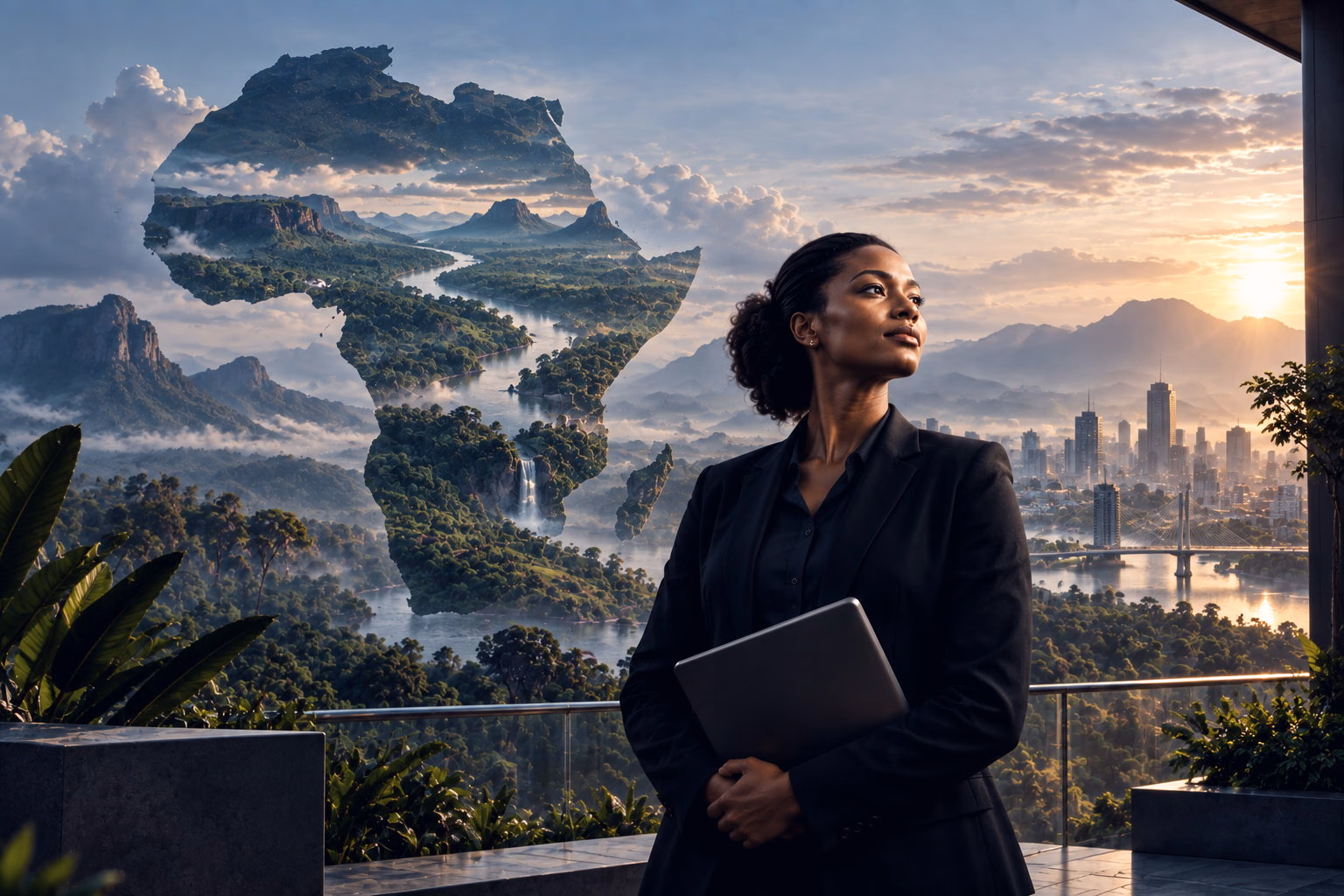 An executive looking towards a landscape shaped like the African continent at dawn