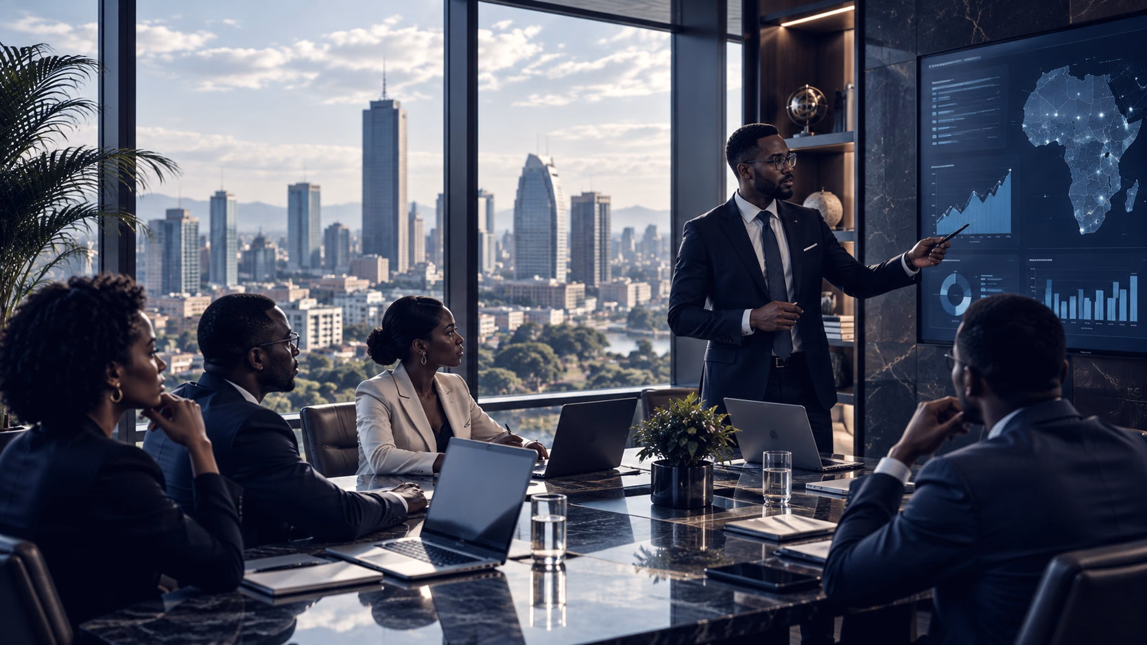 A consultant presenting a market analysis to a leadership team overlooking a city