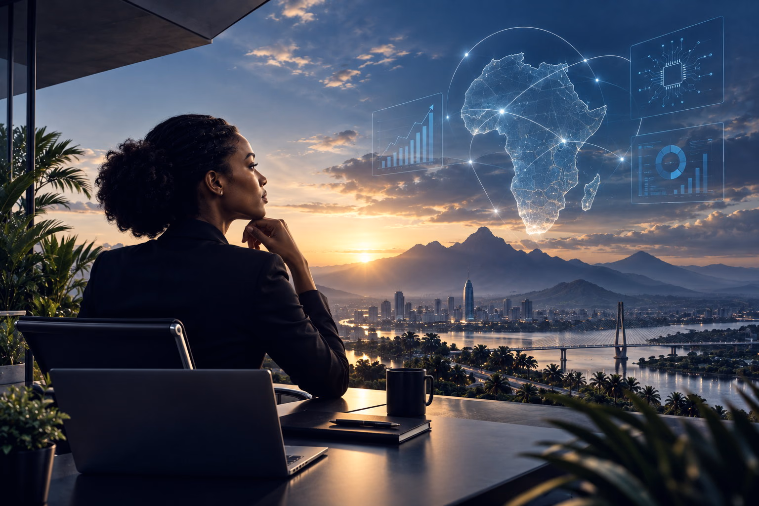 An executive at a desk at dawn, reviewing market and performance screens
