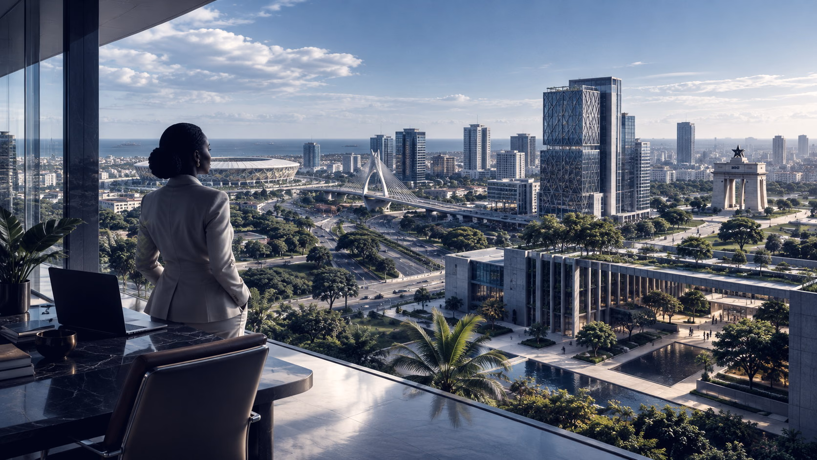 An executive looking over a coastal capital with a modern skyline and independence monument