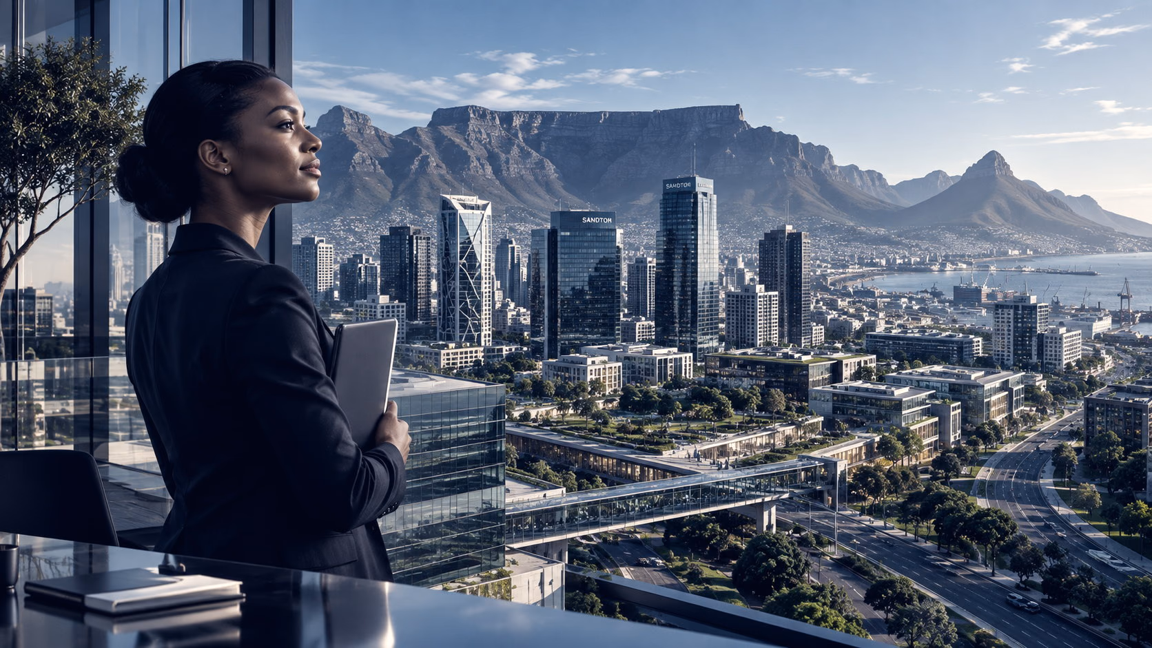 An executive at a window overlooking a city with a mountain behind it