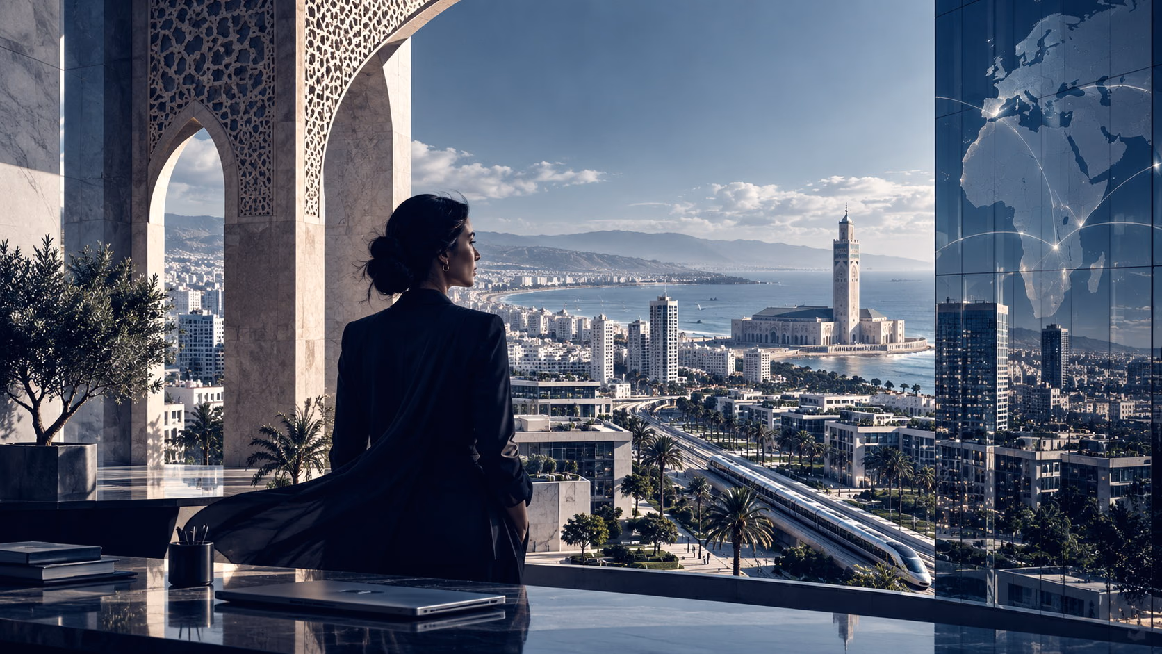 An executive in an arched gallery overlooking a coastal city and mosque