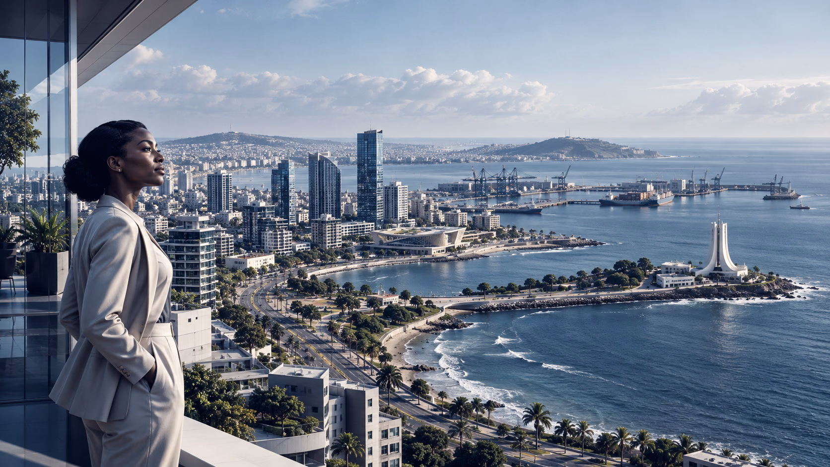 An executive on a terrace overlooking a coastal city