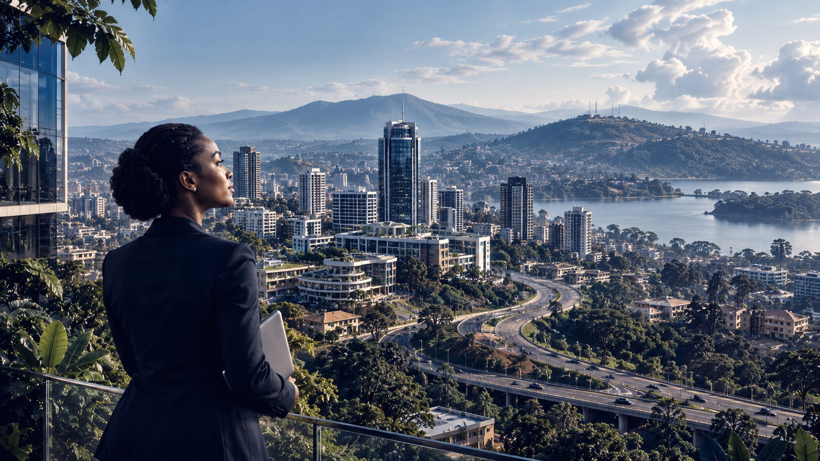 An executive looking out over a green city with a lake and hills beyond
