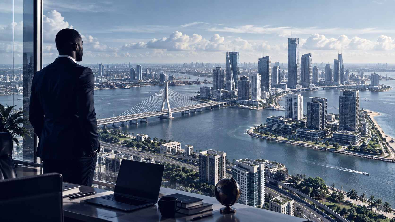 An executive at a window overlooking a city bridge and waterfront