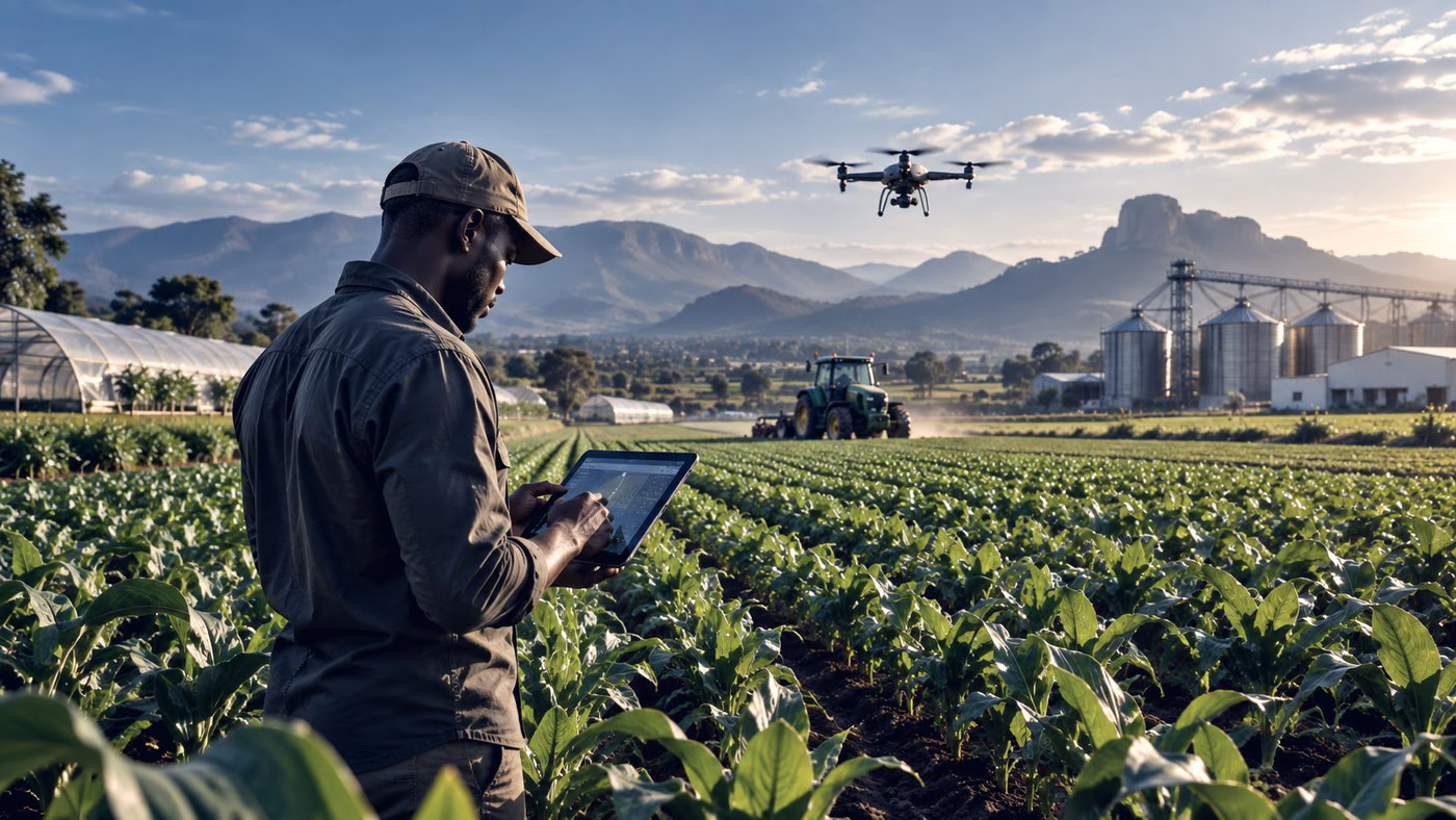 A farmer checking crop data on a tablet as a drone surveys the field