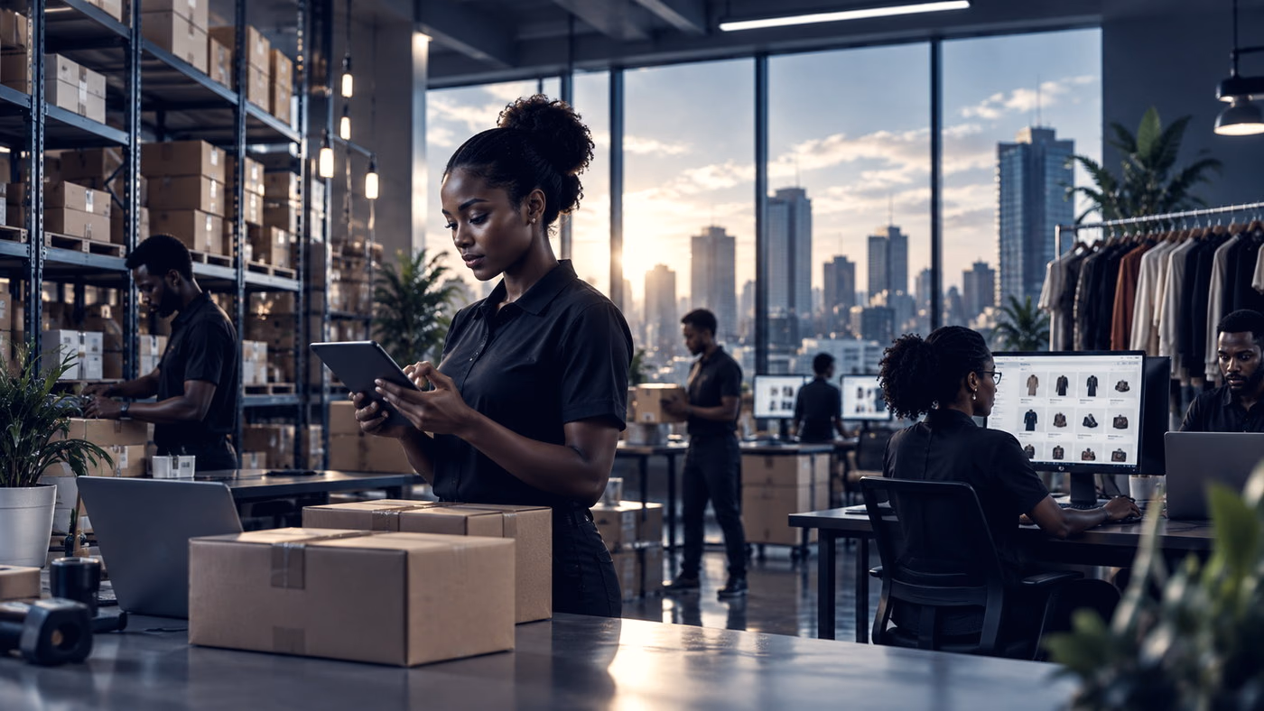A fashion retail team packing orders in a modern warehouse with a city skyline behind