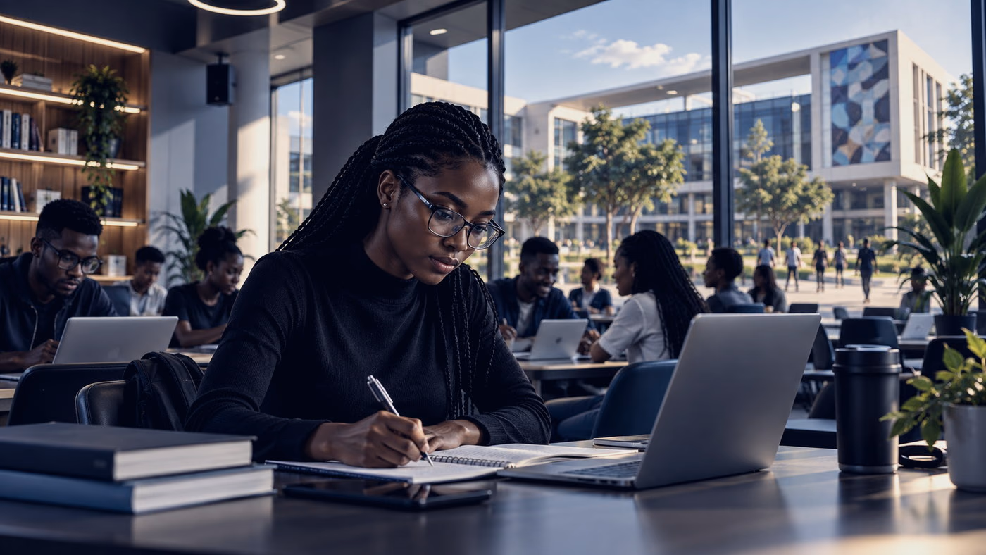 Students working on laptops in a modern campus building