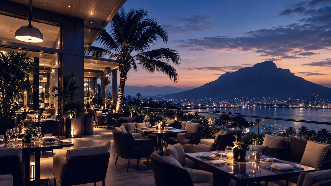 A restaurant terrace at dusk overlooking a bay and a mountain