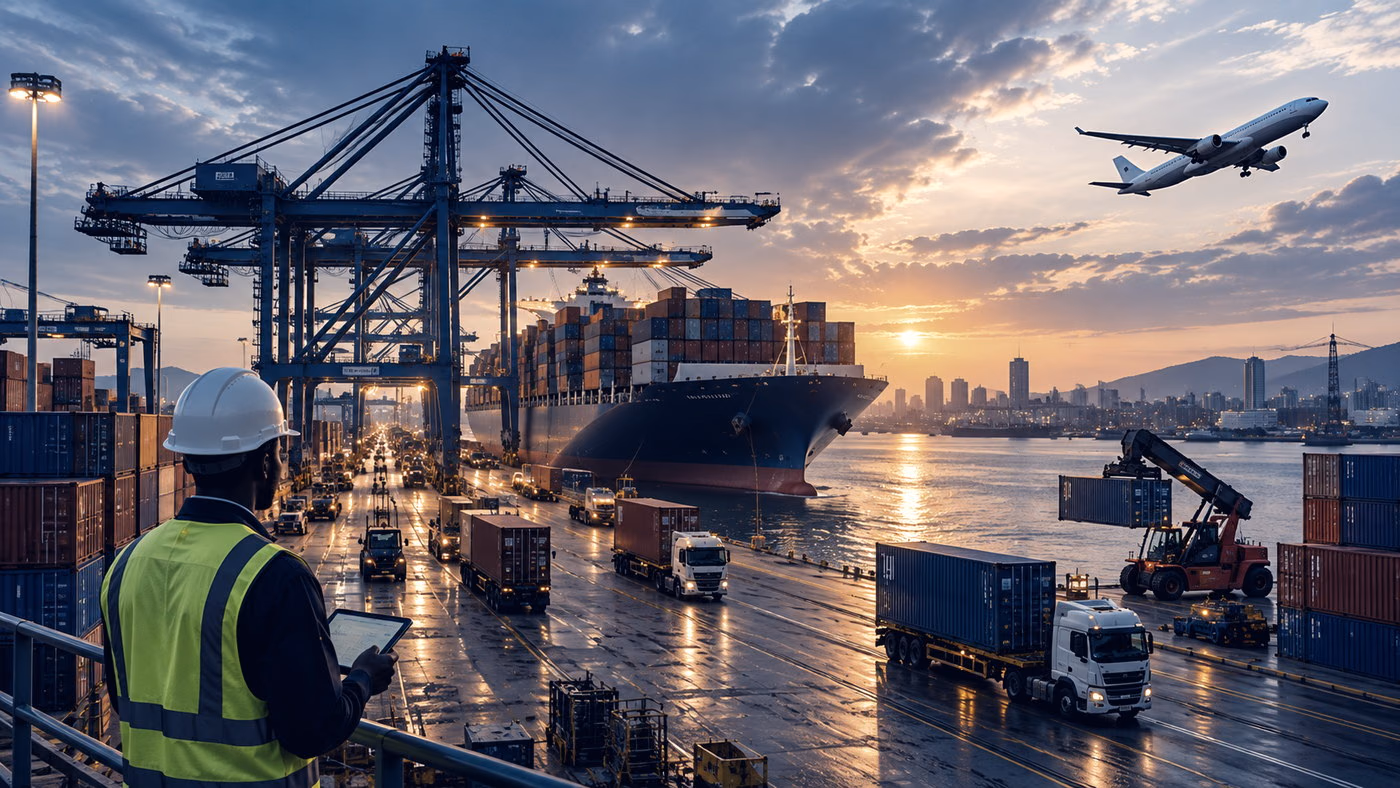 A logistics engineer with a tablet at a container port as a ship is unloaded