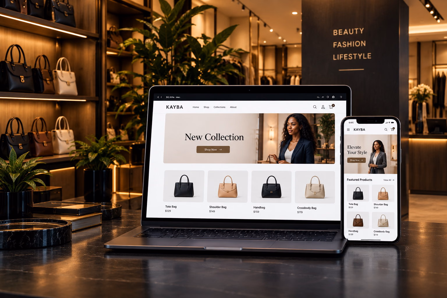 An e-commerce storefront on a laptop and phone in a fashion boutique