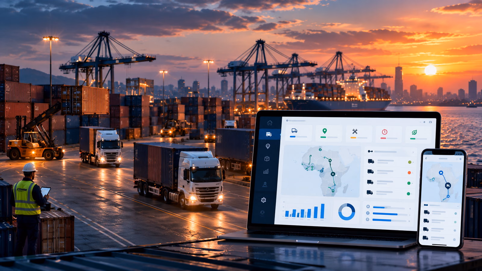 A logistics control dashboard on a laptop and phone beside a container port at sunset