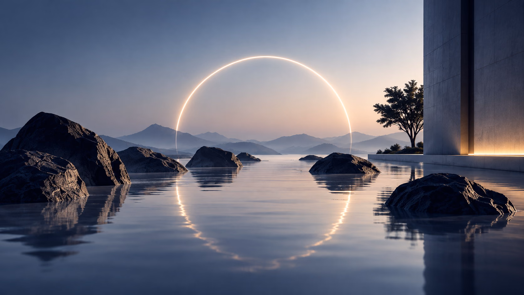 A ring of light over still water at dawn