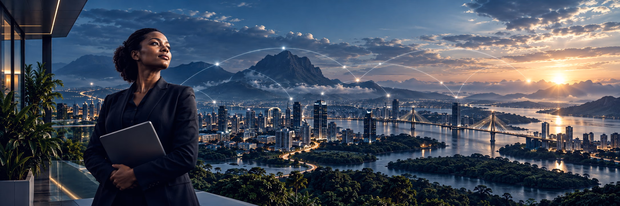 An executive on a terrace at dawn looking out over a connected city